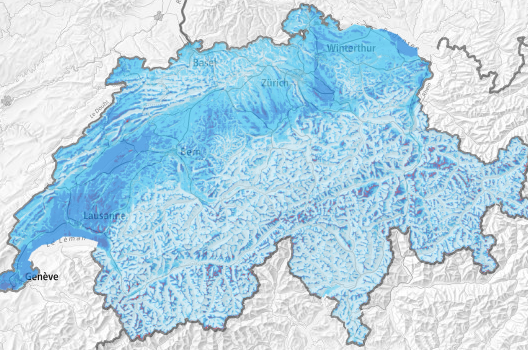 Karte der Schweiz mit Jahresmittel der Windgeschwindigkeit